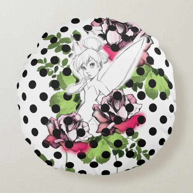 Tinker Bell Sketch With Roses and Polka Dots Round Pillow (Front)