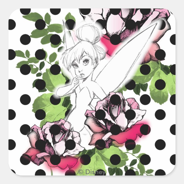 Tinker Bell Sketch With Roses and Polka Dots Square Sticker (Front)