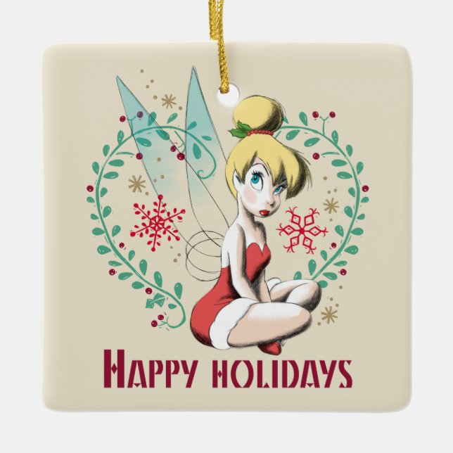 Tinker Bell | Vintage Happy Holidays Ceramic Ornament (Front)