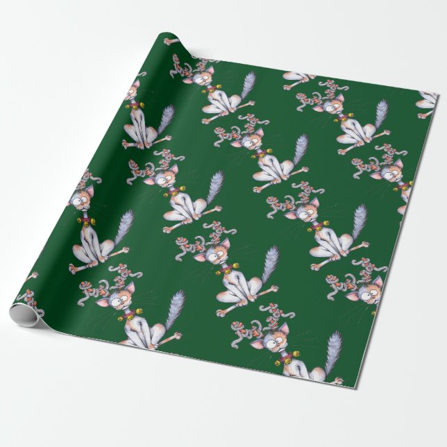Tinsel Tangled Christmas Cat Wrapping Paper (Unrolled)