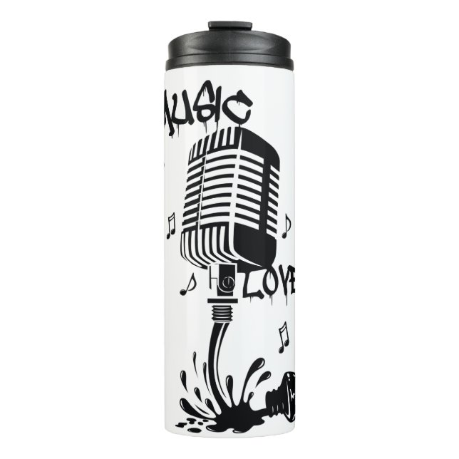 Tinta derramada forma Microfono en Negro Thermal Tumbler (Front)