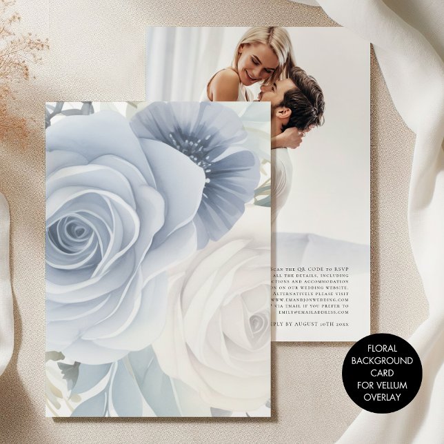 Tinted Blue Florals Background for Vellum Wedding  Invitation (Front and back view)