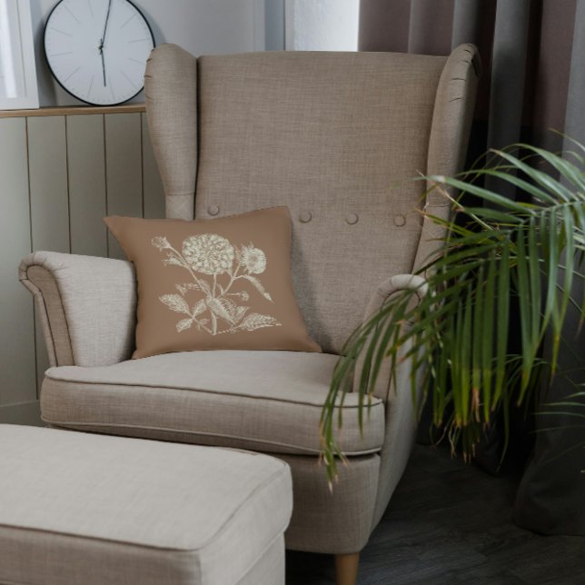 Tinted Vintage Zinnia Illustration Brown Throw Pillow (Creator Uploaded)