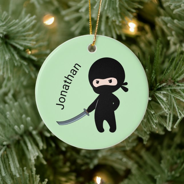 Tiny Angry Ninja, Custom Name on Green Ceramic Ornament (Tree)