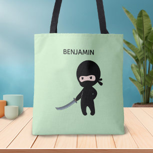 Tiny Angry Ninja Custom Name on Green Tote Bag