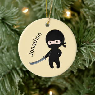 Tiny Angry Ninja, Custom Name on Yellow Ceramic Ornament