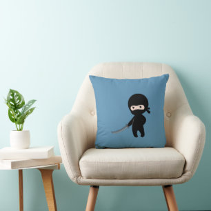 Tiny Angry Ninja on Blue Throw Pillow