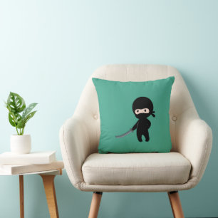 Tiny Angry Ninja on Dark Green Throw Pillow