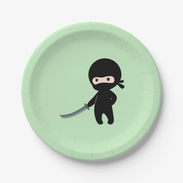Tiny Angry Ninja on Green Paper Plate (Front)