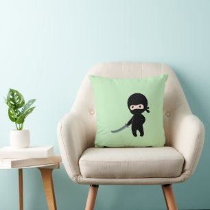 Tiny Angry Ninja on Green Throw Pillow