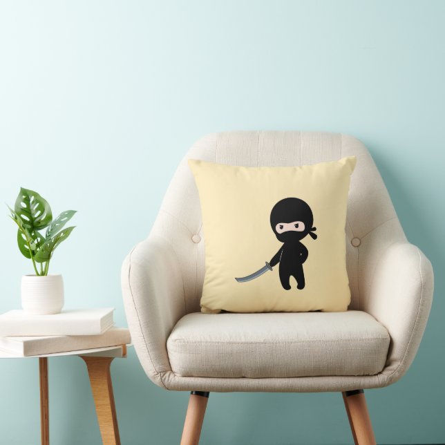 Tiny Angry Ninja on Yellow Throw Pillow (Chair)
