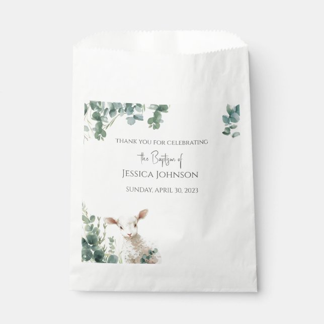 Tiny Baby Lamb and Eucalyptus baptism  Favour Bag (Front)