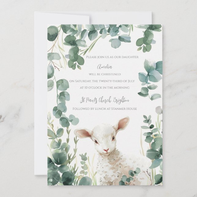 Tiny Baby Lamb and Eucalyptus baptism Invitation (Front)
