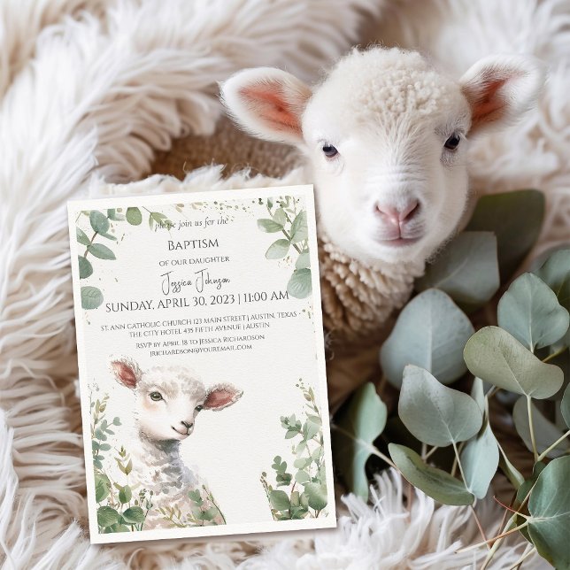 Tiny Baby Lamb and Eucalyptus baptism Invitation (Creator Uploaded)