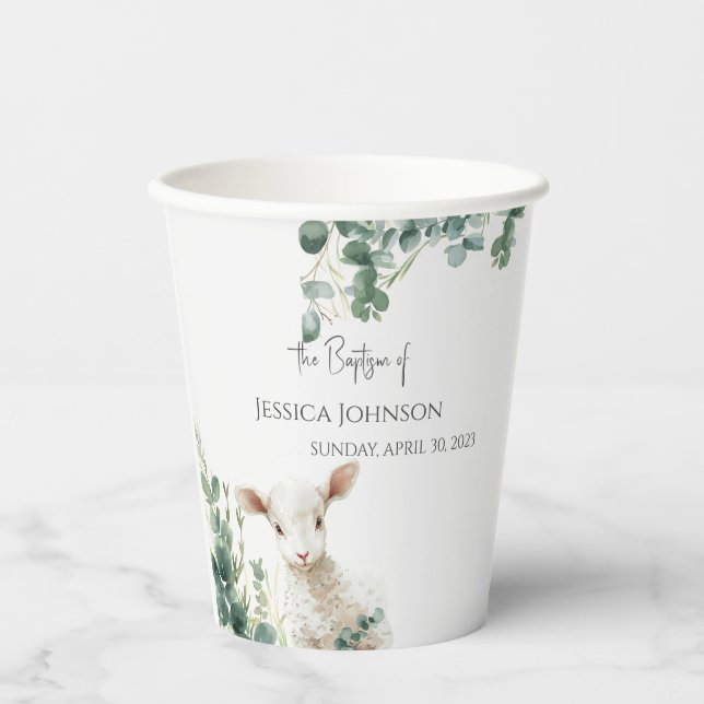 Tiny Baby Lamb and Eucalyptus baptism  Paper Cups (Front)