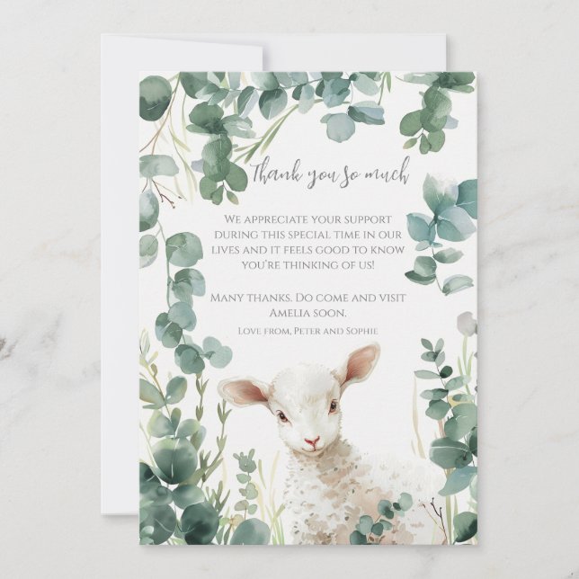 Tiny Baby Lamb and Eucalyptus baptism Thank You Card (Front)