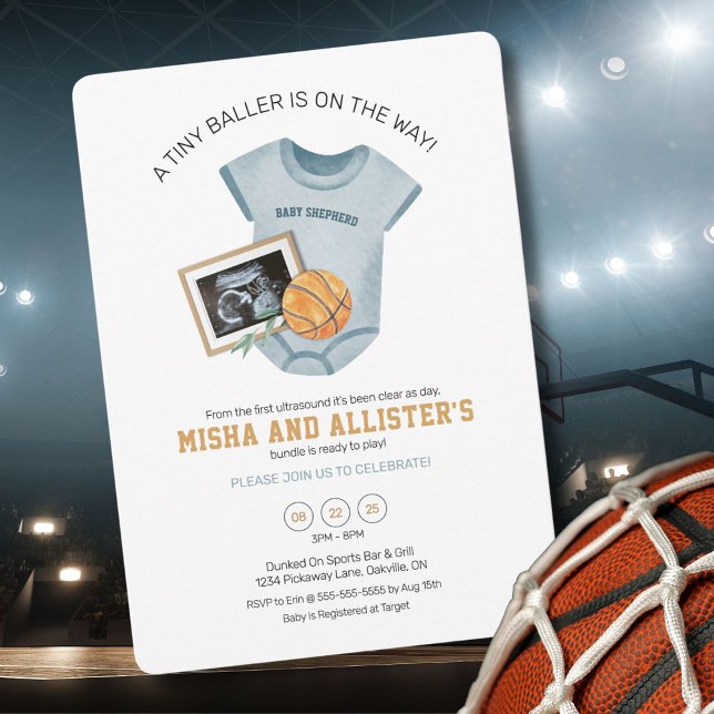 Tiny Baller Basketball Baby Shower Invitation (Basketball-themed baby shower invite for your future MVP, personalized perfectly.)