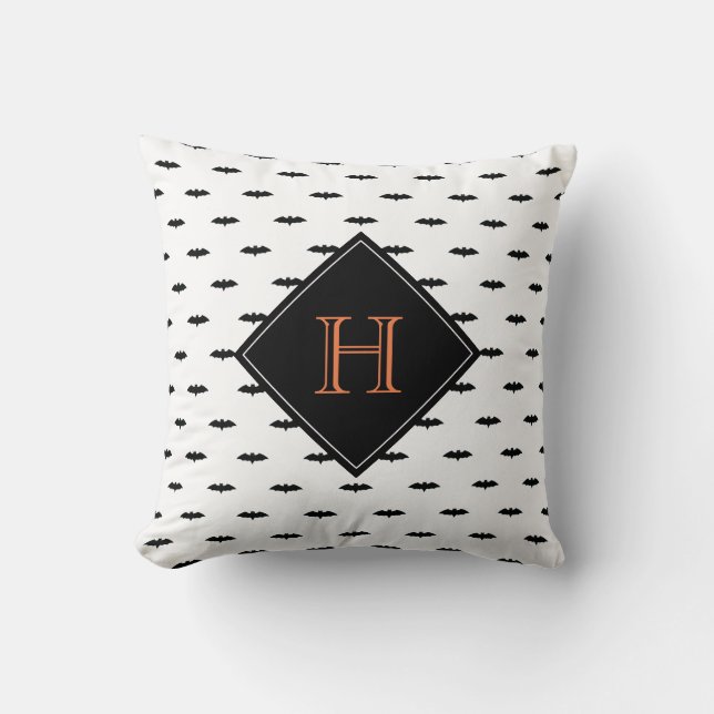 Tiny Bats Seamless Pattern | Black Orange Monogram Throw Pillow (Front)