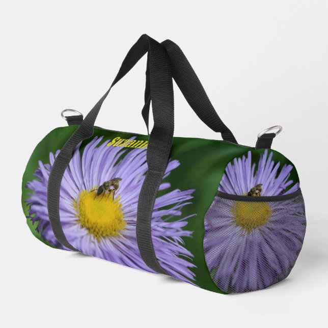 Tiny Bee On Purple Aster Flower Personalized  Duffle Bag (Right Corner)