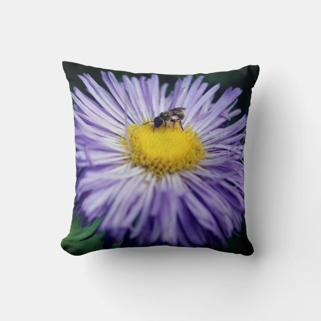 Tiny Bee On Purple Aster Flower  Throw Pillow (Front)