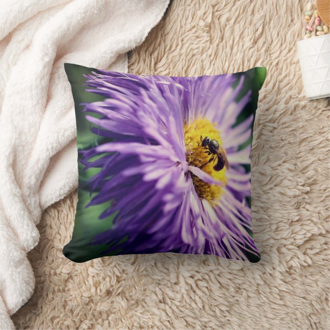 Tiny Bee On Purple Daisy Flower Close Up  Throw Pillow (Blanket)