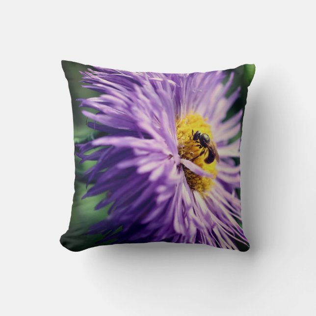 Tiny Bee On Purple Daisy Flower Close Up  Throw Pillow (Front)