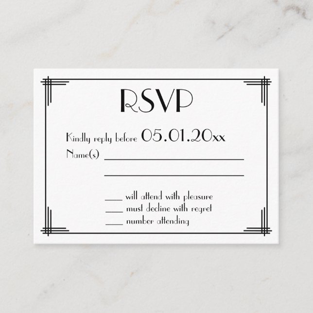 Tiny Black Gold Great Art Deco Wedding RSVP Enclosure Card (Front)