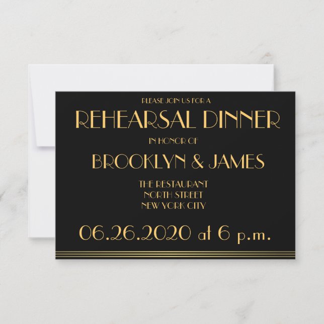 Tiny Black Great Gatsby Wedding Rehearsal Invites (Front)