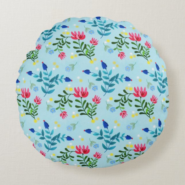 Tiny Bloom Blue Flowers Spring Garden Round Pillow (Front)