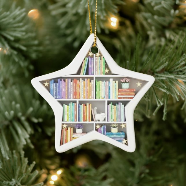 Tiny Book Shelves Rainbow Bookshelf Star Shaped Ceramic Ornament (Tree)