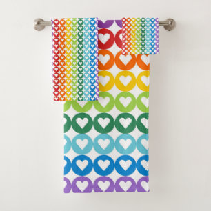 TINY BRIGHTLY COLORED ROWS OF HEARTS BATH TOWEL SET