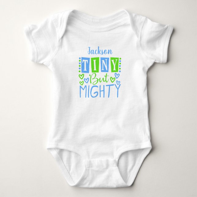 Tiny But Mighty Personalized Boy Baby Bodysuit (Front)