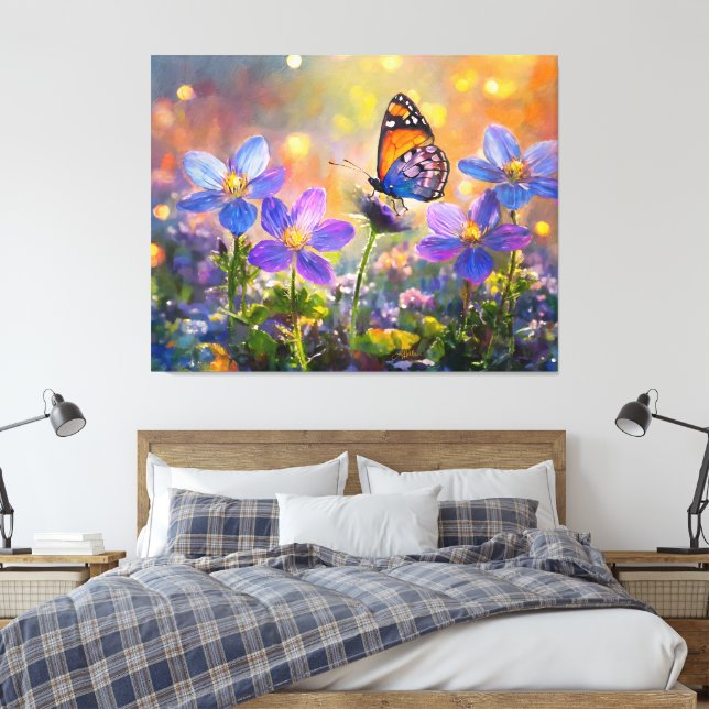 Tiny Butterfly On Wildflowers at Sunrise Canvas Print (Insitu(Bedroom))