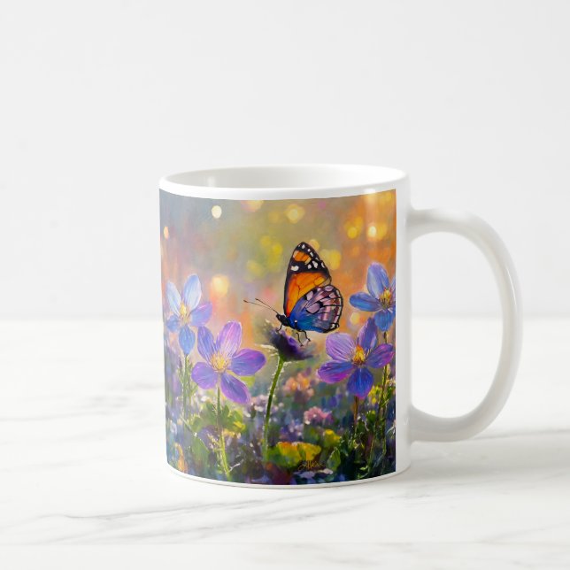 Tiny Butterfly On Wildflowers at Sunrise Coffee Mug (Right)