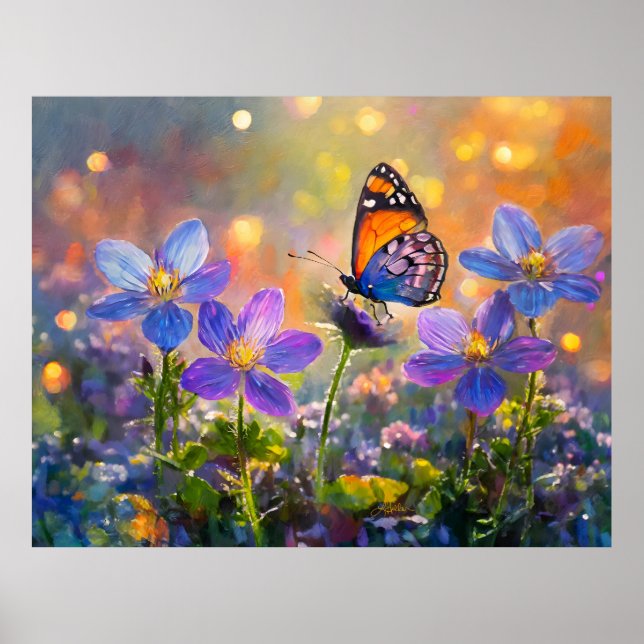 Tiny Butterfly On Wildflowers at Sunrise Poster (Front)