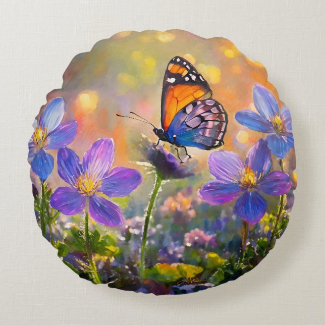 Tiny Butterfly On Wildflowers at Sunrise Round Pillow (Front)