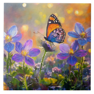 Tiny Butterfly On Wildflowers at Sunrise Tile