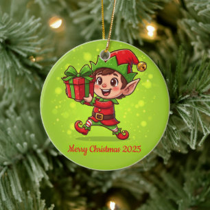 Tiny Christmas Elf with Gift Personalized 2025 Ceramic Ornament