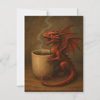 Tiny coffee dragon hugging a mug fun fantasy art card