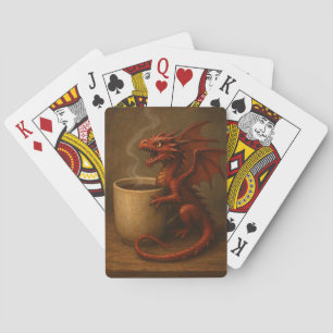 Tiny coffee dragon hugging a mug fun fantasy art playing cards