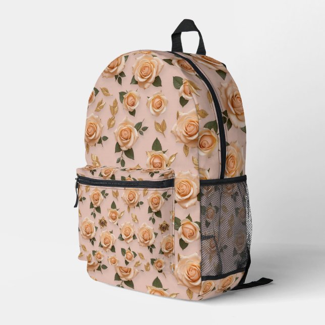 Tiny Cream And Gold Roses  Printed Backpack (Back Corner Right)