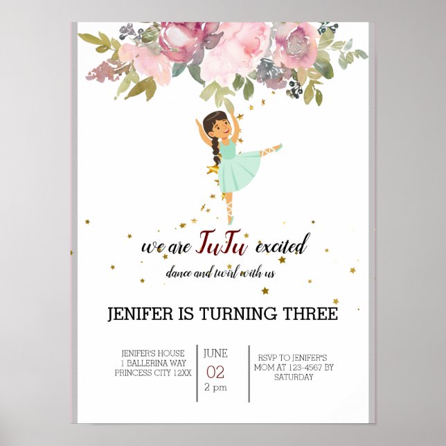 Tiny Dancer | Pink Floral Ballet Birthday Party Poster (Front)