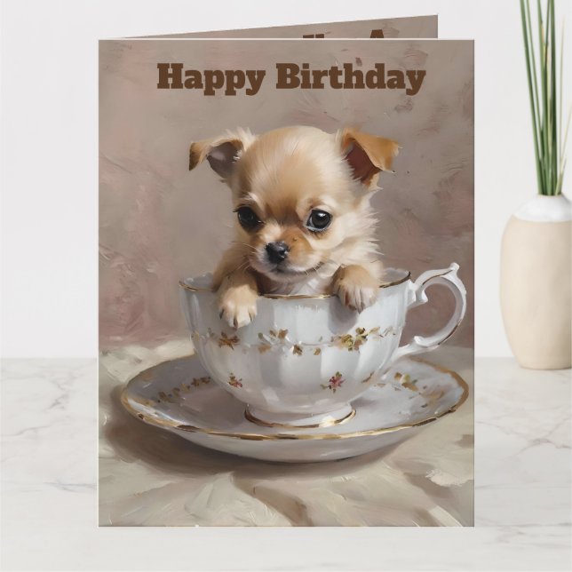 Tiny Delight: Chihuahua Puppy in a Teacup,  Card (Front)