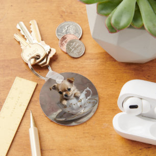 Tiny Delight: Chihuahua Puppy in a Teacup, Keychain