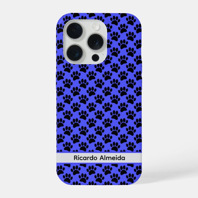 Tiny Dog Paw Print In Black and Blue Custom Name iPhone Case (Back)