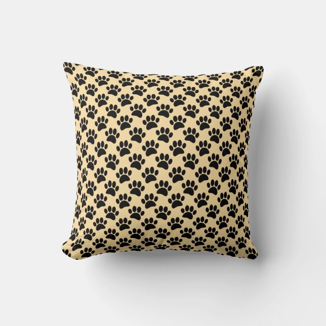 Tiny Dog Paw Print Pattern In Black and Beige Throw Pillow (Front)