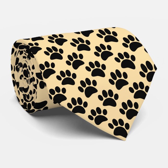 Tiny Dog Paw Print Pattern In Black and Beige Tie (Rolled)