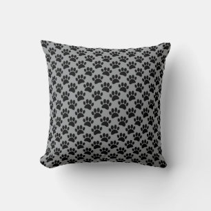 Tiny Dog Paw Print Pattern In Black and Gray Throw Pillow