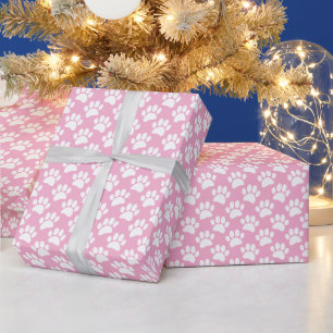 Tiny Dog Paw Print Pattern In Pink and White Wrapping Paper