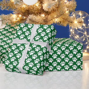 Tiny Dog Paw Print Pattern In White and Green Wrapping Paper